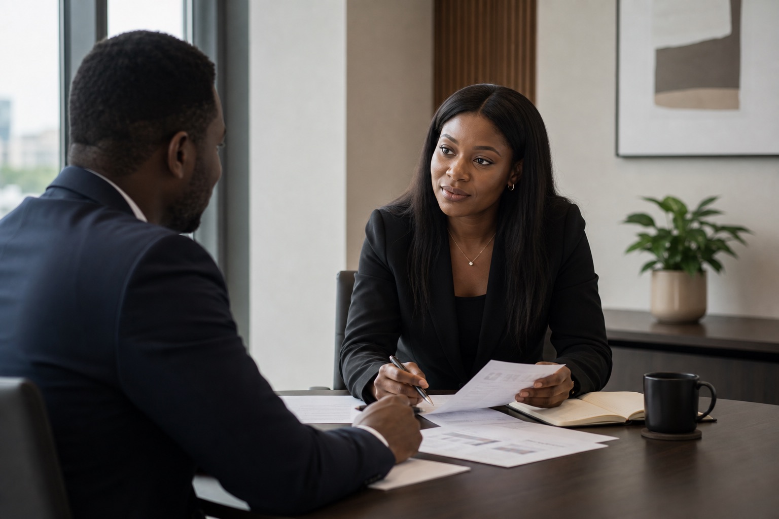 Advisor and client reviewing business documents in a professional office.
