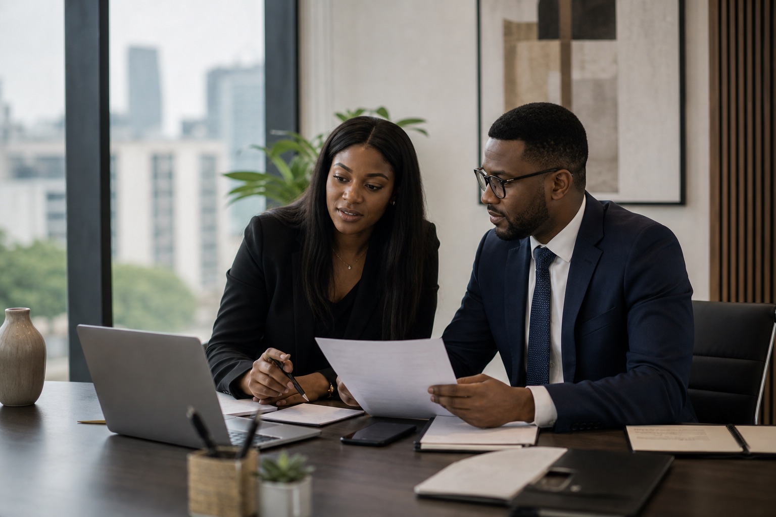 Corporate advisor and entrepreneur reviewing business documents in a modern office.